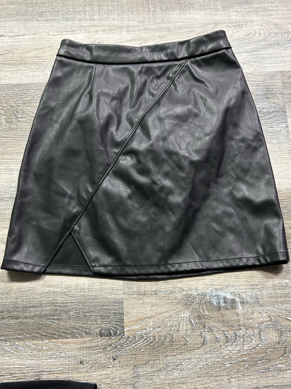 Black Faux Leather Mini Skirt with Asymmetric Overlay